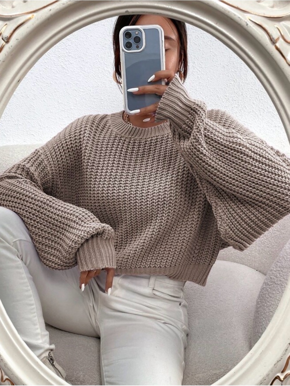 SHEIN Taupe Chunky Knit Crewneck Sweater